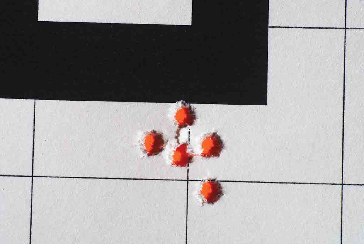The best group fired with the A17 at 50 yards was this half-inch cluster of CCI 20-grain Gamepoint loads. While quoted as providing 2,375 fps, they were traveling at 2,508 fps out the end of the tests rifle’s barrel.